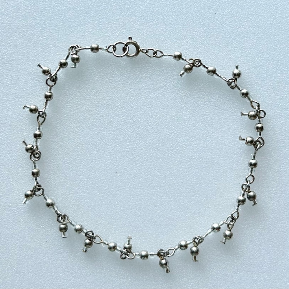 Vintage Silver Dangling Mini Bead and Clear Seed Bead Chain Anklet Bracelet 9”